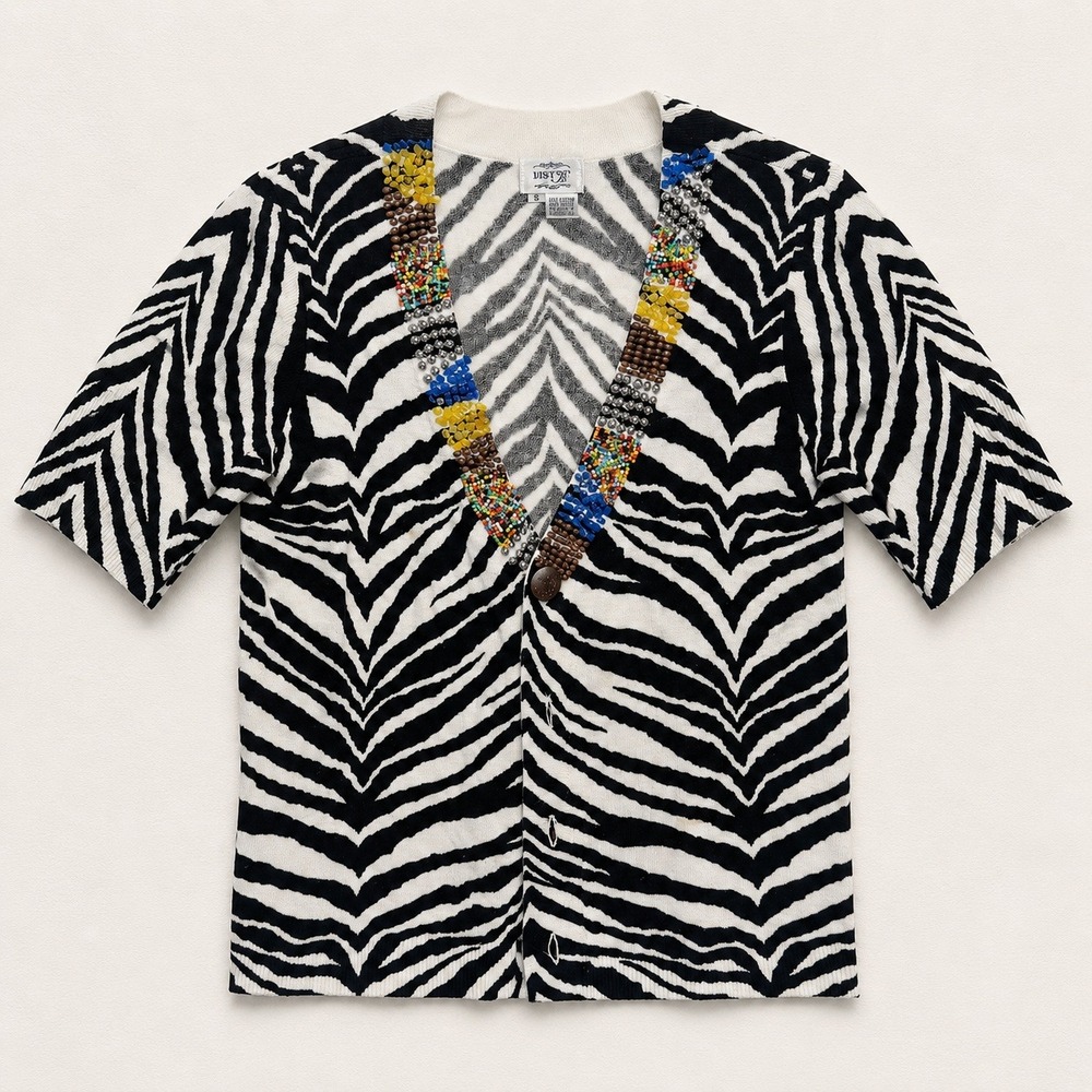 Vintage Boho Y2K Zebra Bead Cardigan Cozy Glam Maximalist Just sz S Animal Print